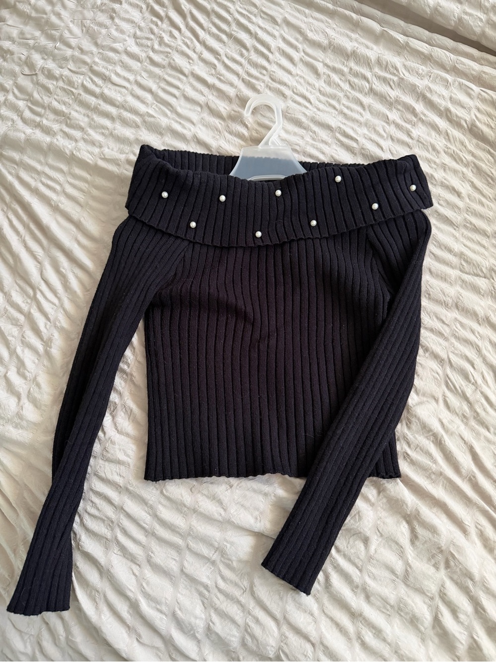 Black Off-Shoulder Ribbed Sweater with Pearl Trim